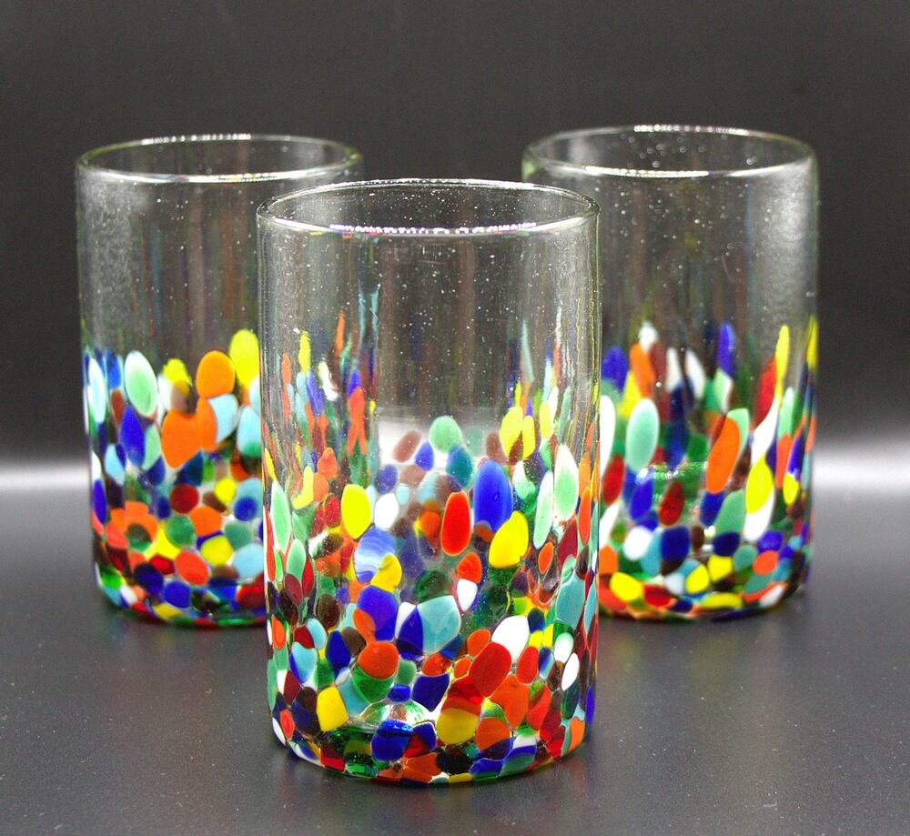 3 Granata Confetti Highball Glasses 5" Handblown Mexico Vibrant Art Glass Cups